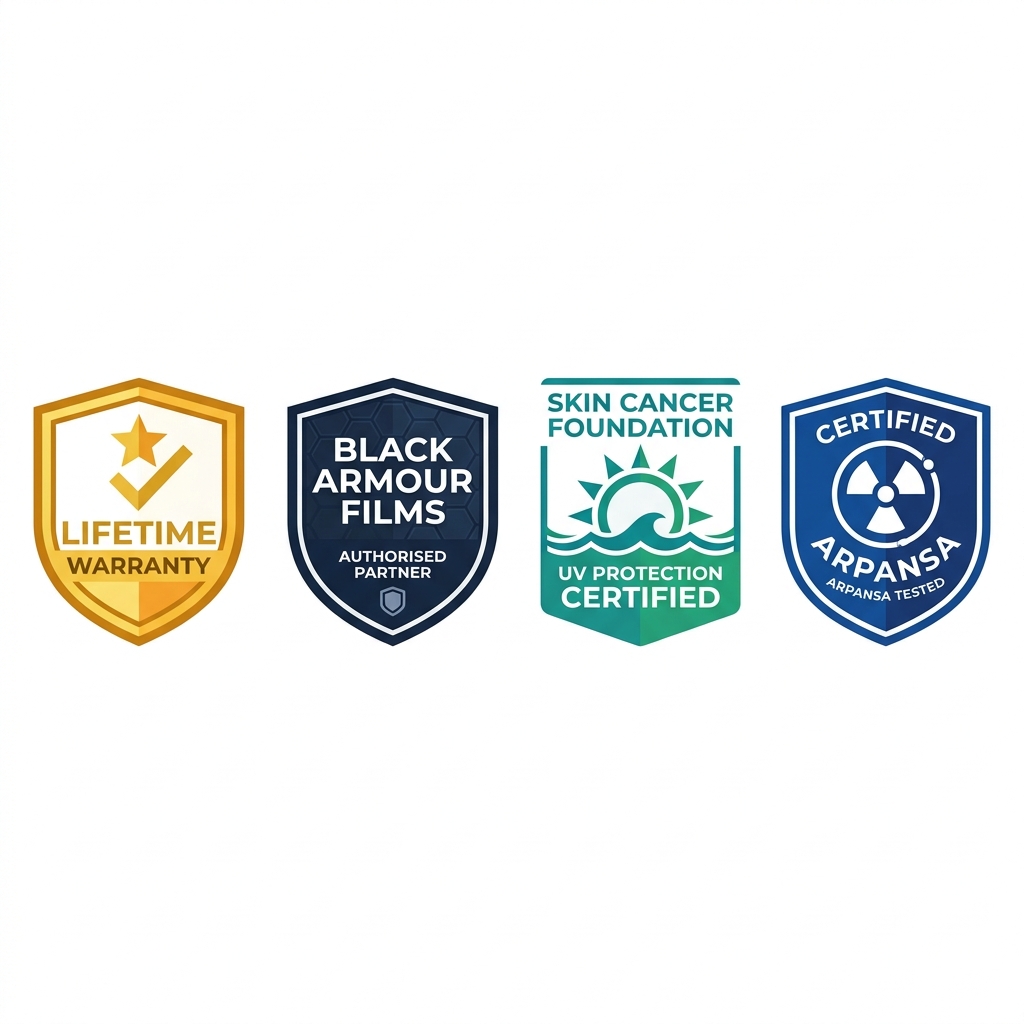 Lifetime Warranty, Black Armour Films, Skin Care Foundation, ARPANSA Certified badges